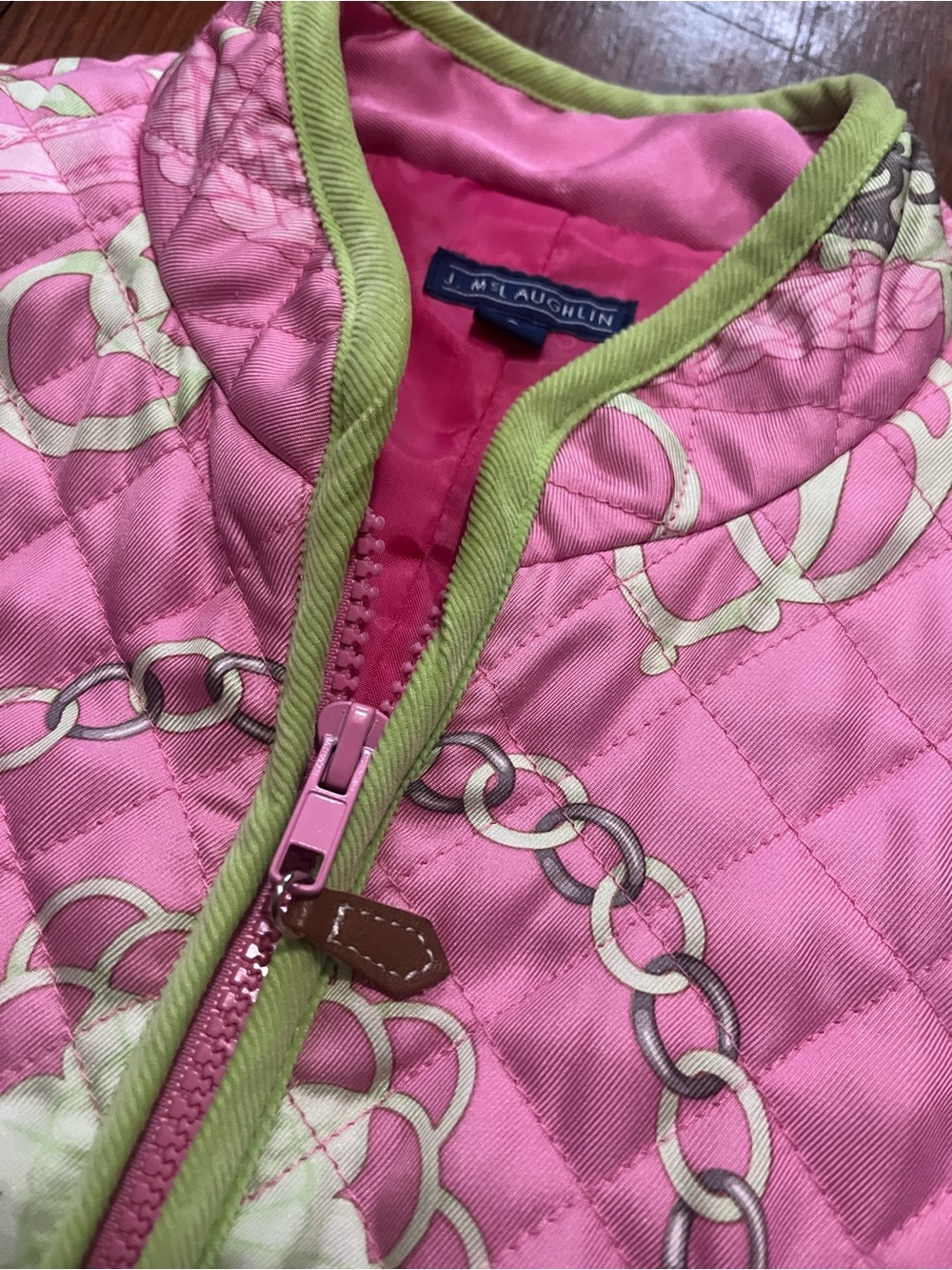 J. McLaughlin Equestrian Pink Quilted Puffer with Chain Print and Green Trim